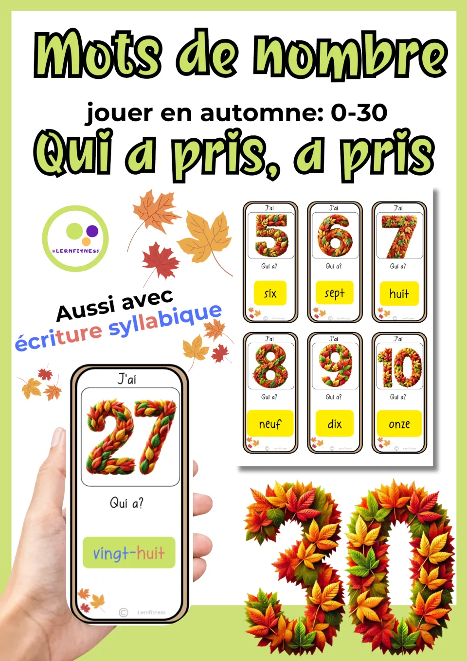 Cover: French fall number word game 0-30, Qui a pris, a pris, showing leaf-number cards and a syllable-writing version