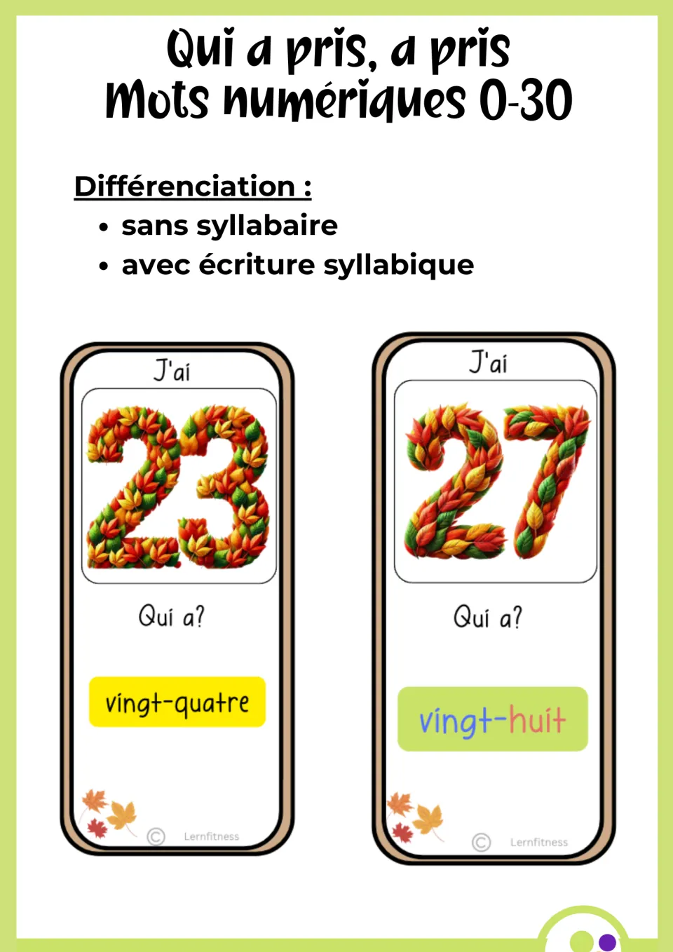 French differentiation note: two sample cards, 23 with plain vingt-quatre and 27 with syllable-colored vingt-huit