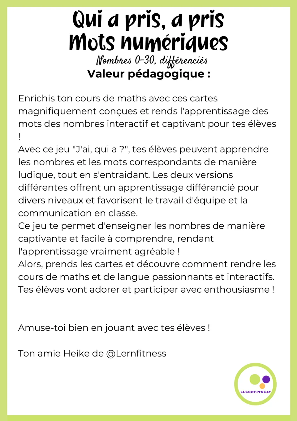 French note on the game's teaching value: number words 0-30 in two differentiated versions, signed Heike of Lernfitness