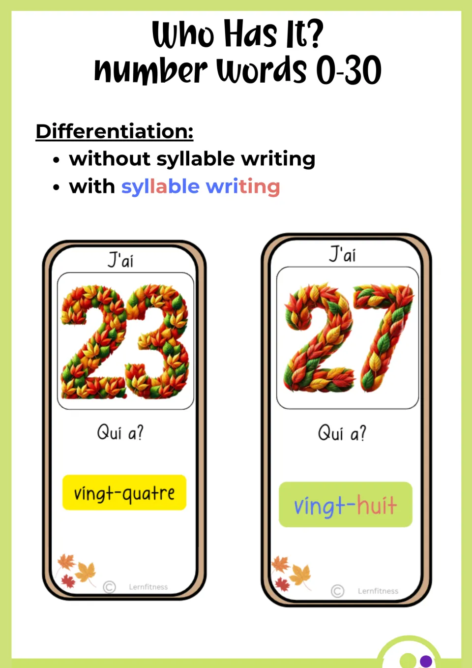 English differentiation note: number words 0-30 offered without or with syllable writing, shown on cards for 23 and 27