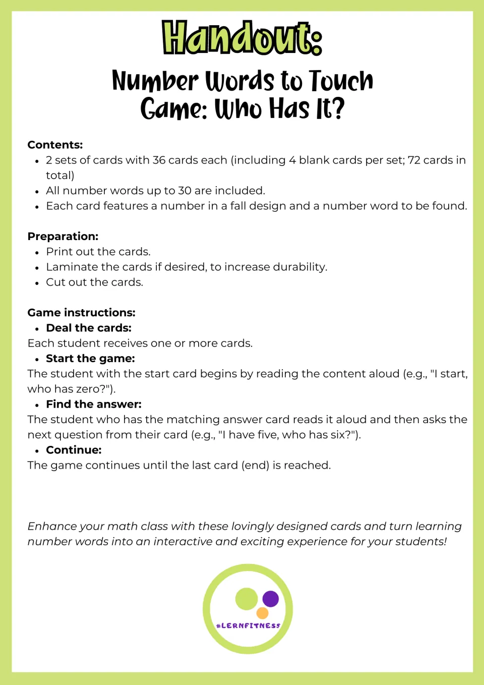 English handout for the Who Has It? number word game: card set contents, preparation steps and how a round is played