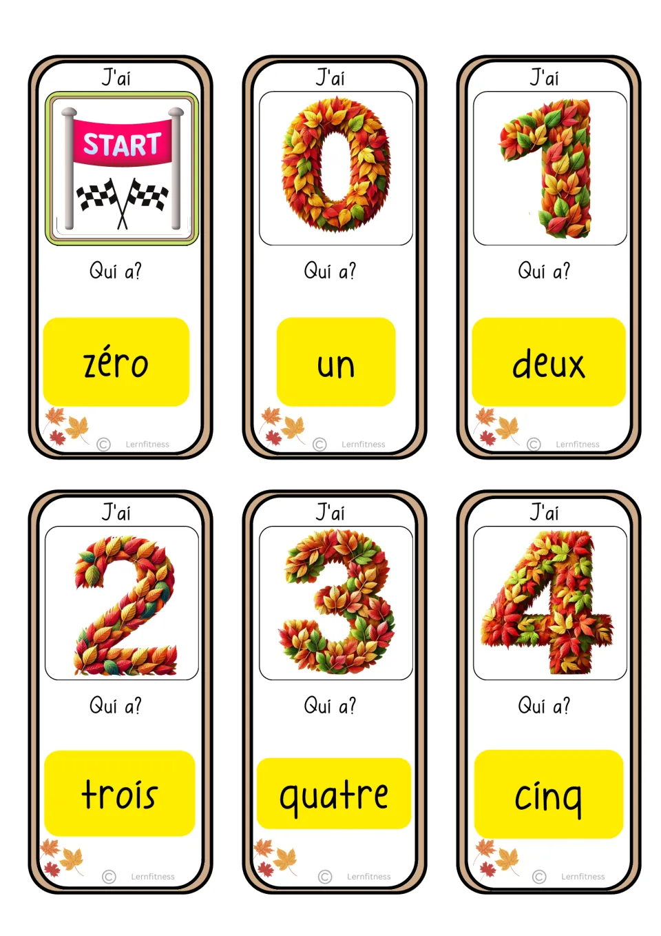 Game cards: start card asks for zéro, then cards 0 to 4 in fall leaves ask Qui a? for un, deux, trois, quatre and cinq