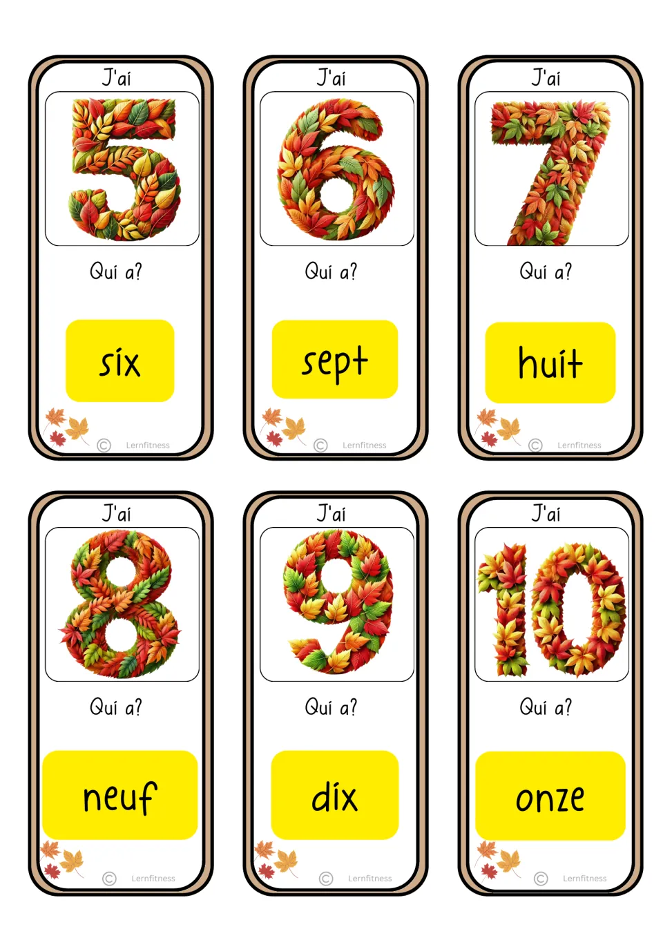 Game cards for numbers 5 to 10 made of fall leaves, each asking Qui a? for the next word: six, sept, huit, neuf, dix, onze