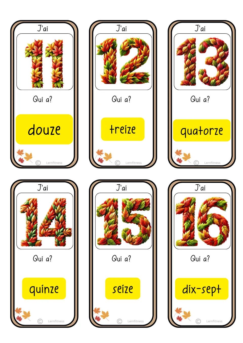 Game cards for numbers 11 to 16, each asking Qui a? for the next number word from douze to dix-sept in French