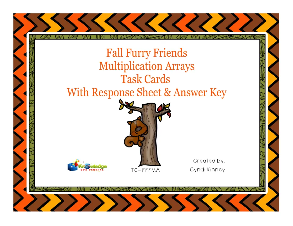 Cover for fall animal multiplication array task cards with response sheet and answer key, showing a squirrel on a tree