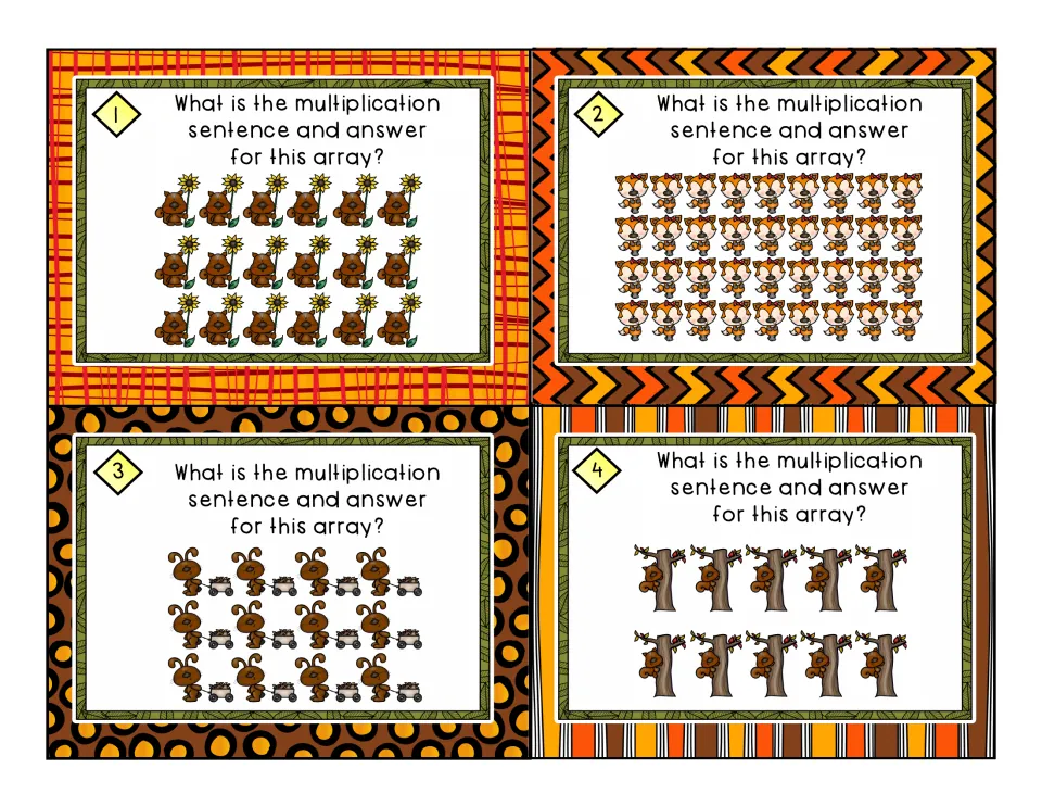 Multiplication arrays task cards 1 to 4: students write the sentence and product for arrays of fall animals