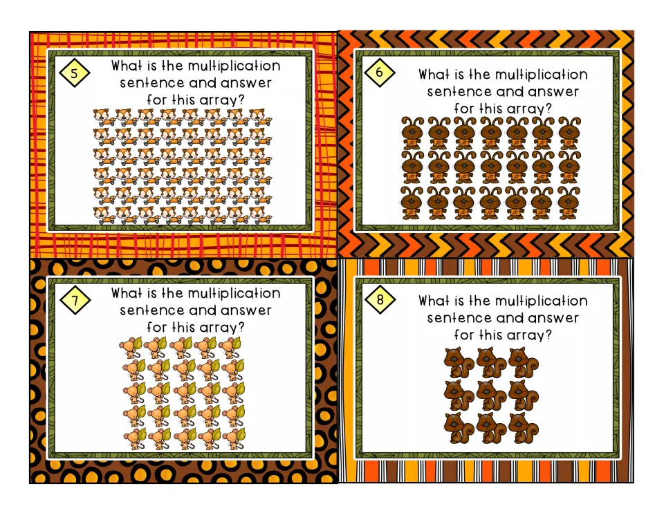 Array task cards 5 to 8: students count rows and columns of foxes, ants, mice and squirrels to write multiplication facts