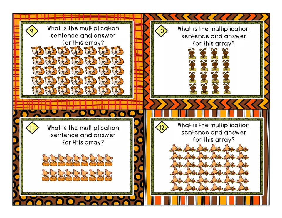 Array task cards 9 to 12: students find the multiplication sentence for arrays of foxes, ants, mice on pumpkins and more