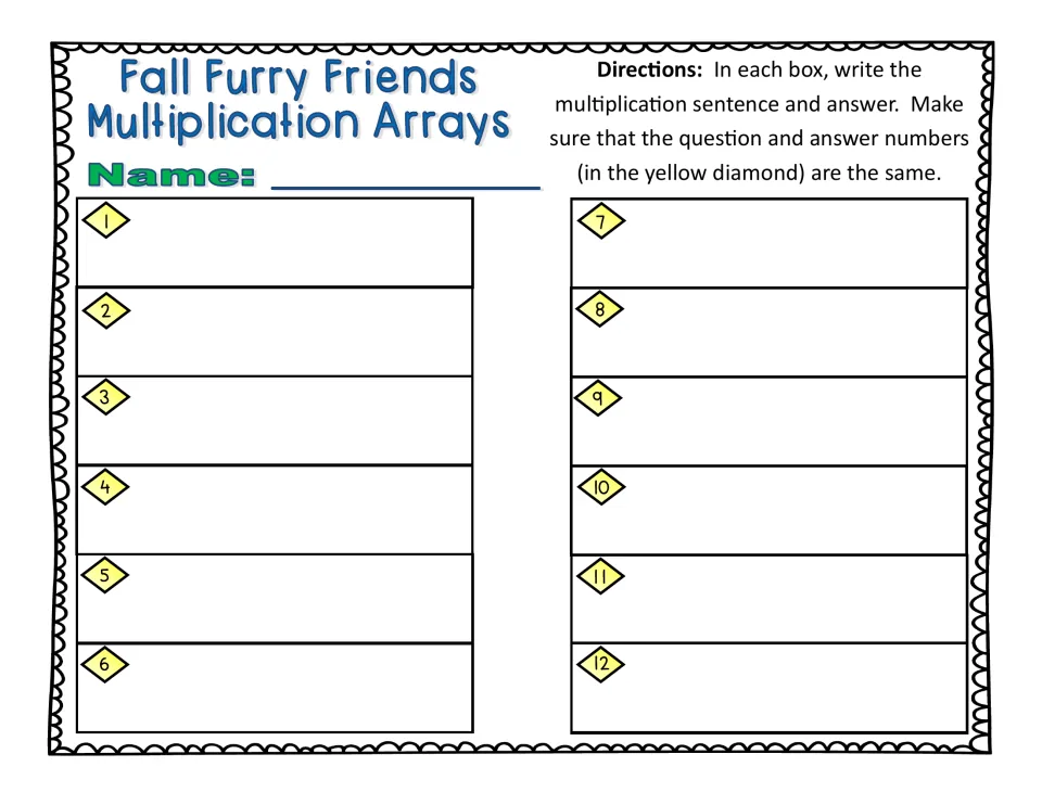 Multiplication arrays response sheet: students write the sentence and answer for each of 12 numbered task cards