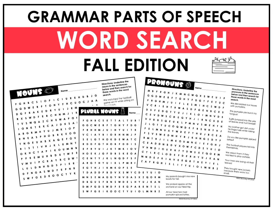 Grammar parts of speech word search, fall edition: cover showing the nouns, plural nouns and pronouns puzzle pages
