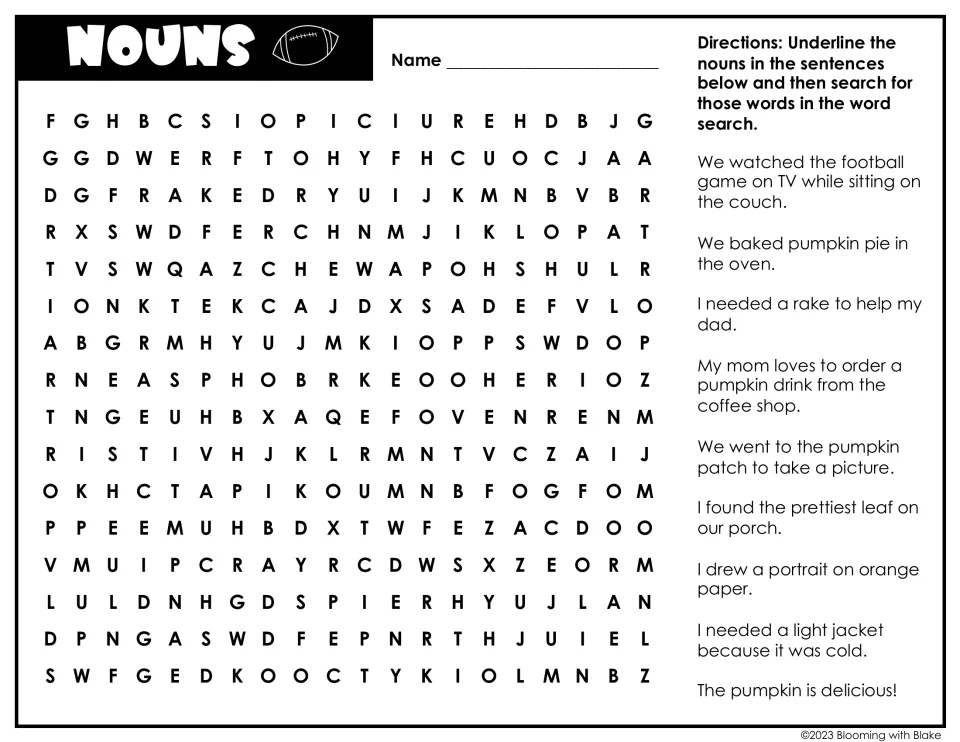 Nouns: students underline the nouns in fall sentences, such as rake and pumpkin pie, then find them in the word search
