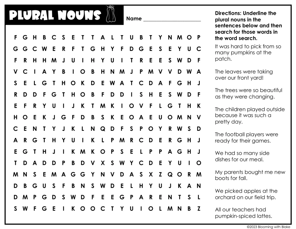 Plural nouns: students underline plural nouns like pumpkins, leaves and boots in fall sentences, then search for each word