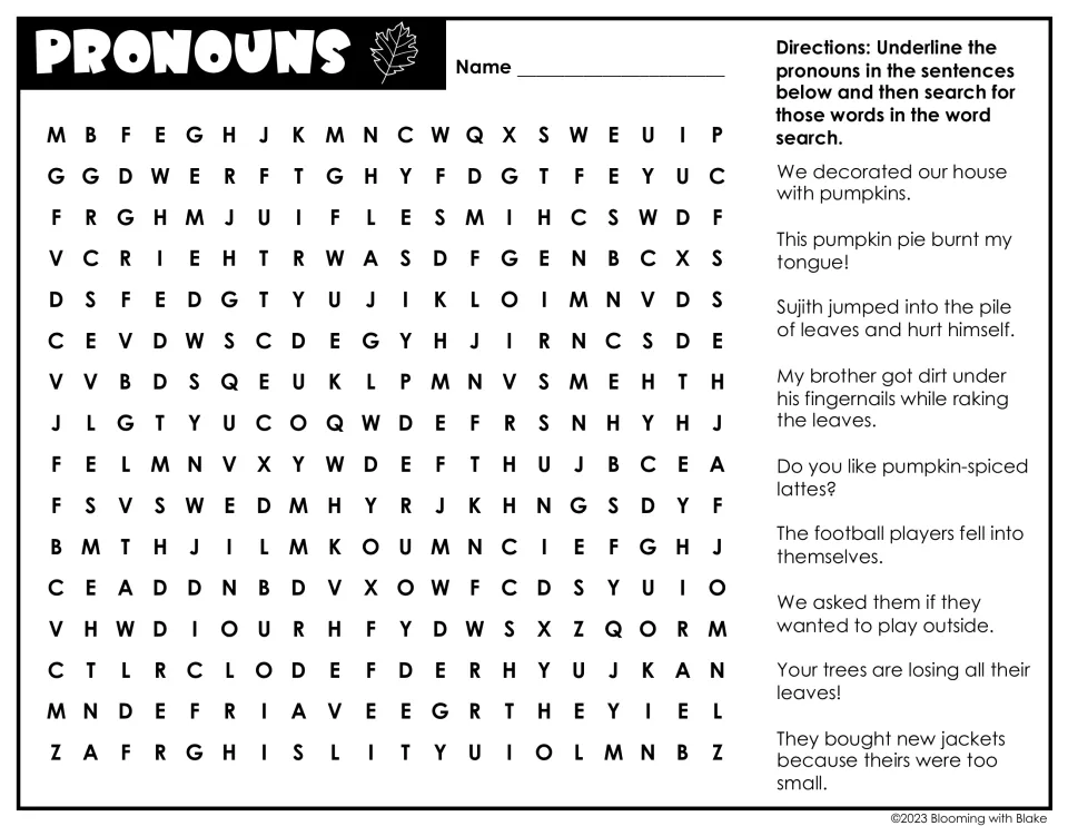 Pronouns: students underline pronouns such as himself, they and theirs in autumn sentences, then find them in the puzzle