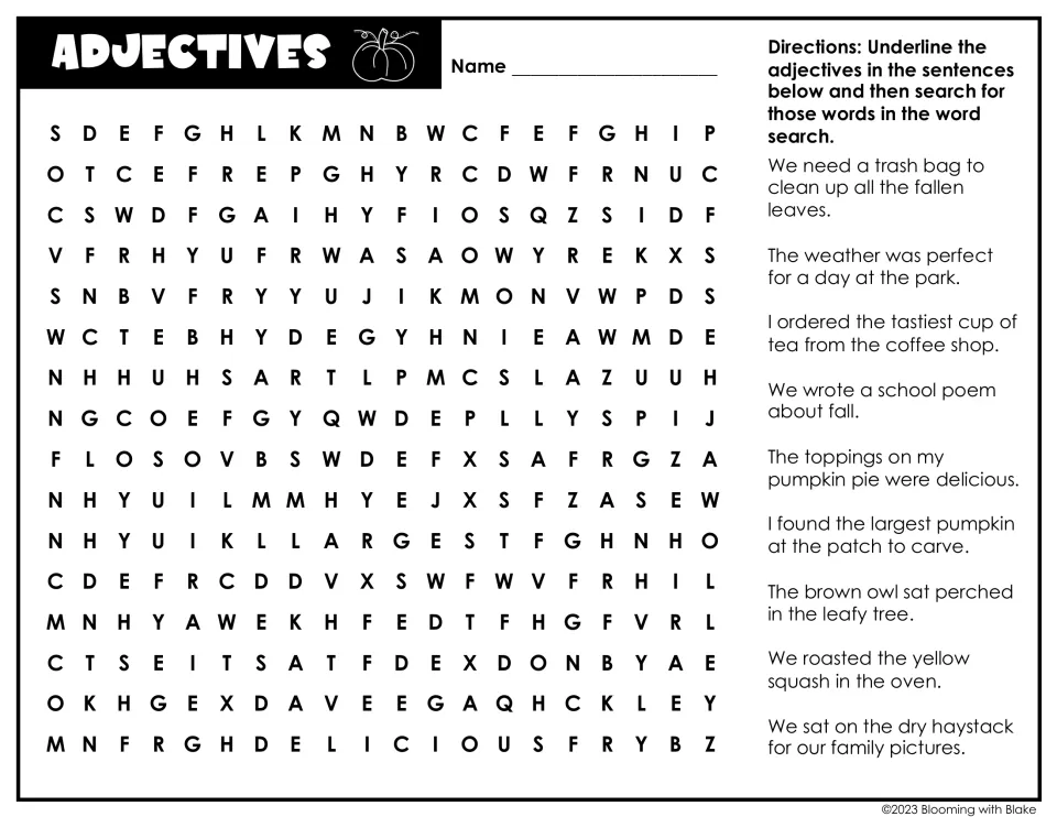 Adjectives: students underline describing words like tastiest, brown and leafy, then find them in the letter grid