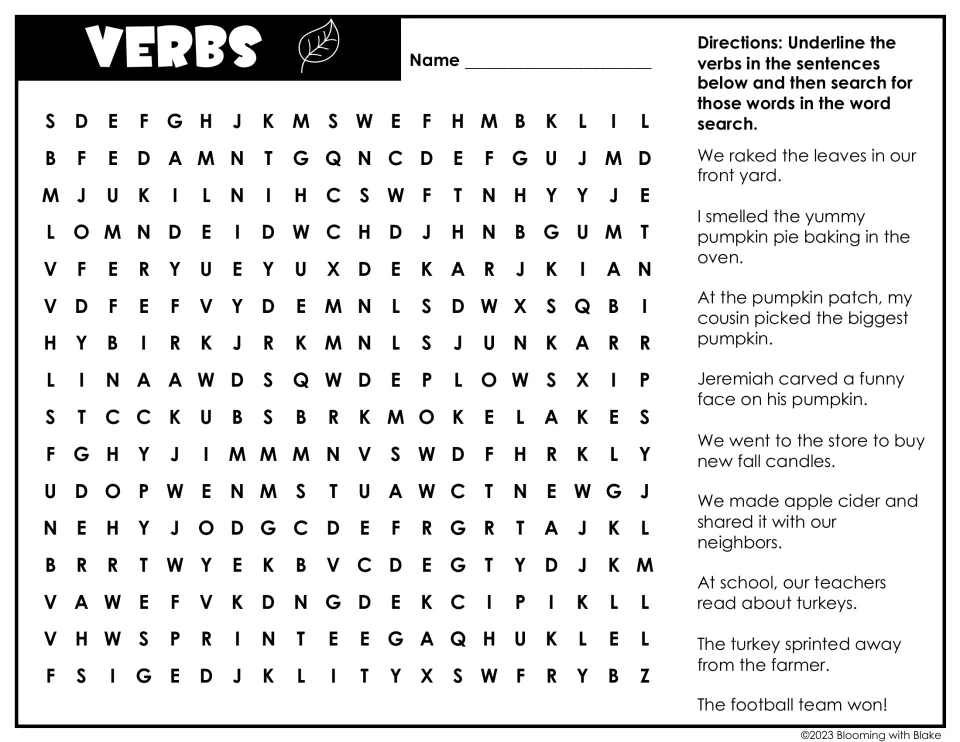 Verbs: students underline action words such as raked, carved and sprinted in fall sentences, then locate them in the puzzle