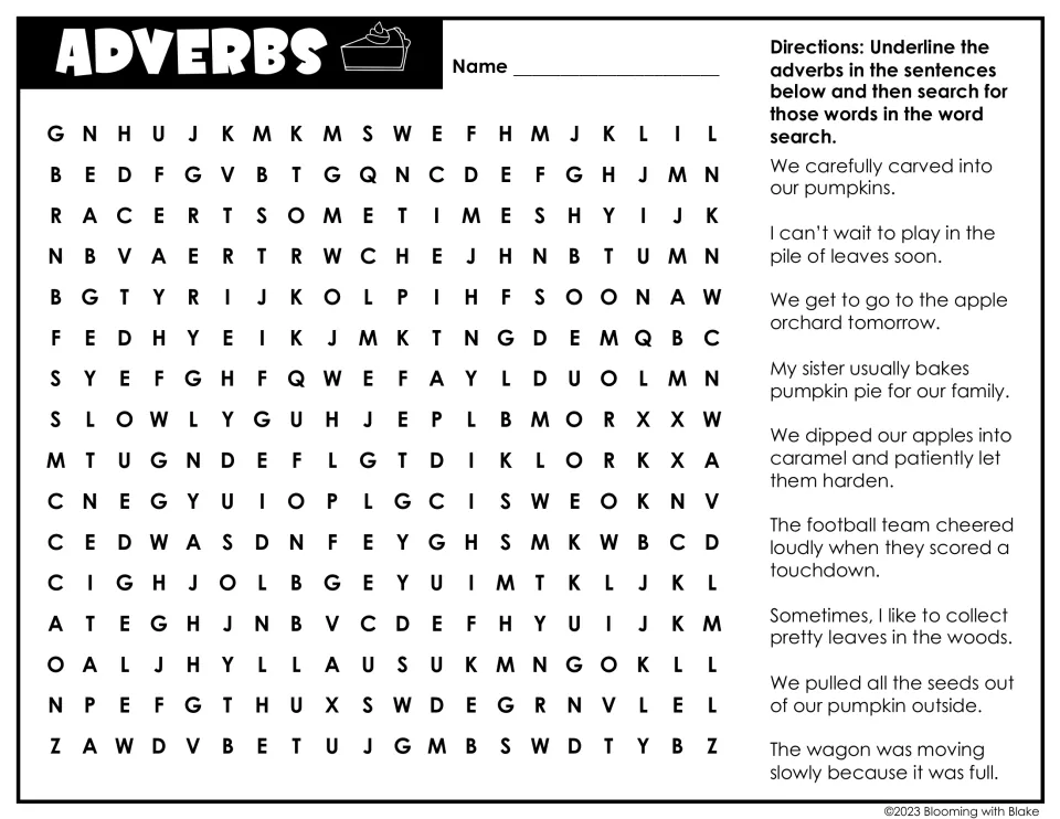 Adverbs: students underline adverbs such as carefully, soon and loudly in autumn sentences, then find each in the puzzle