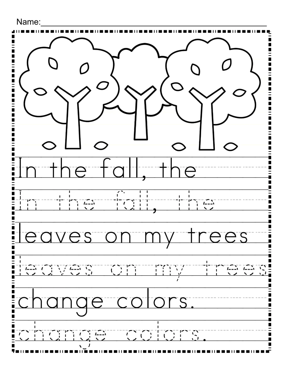Fall trees sentence tracing: students trace "In the fall, the leaves on my trees change colors" under each model row