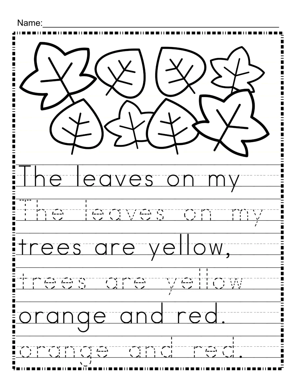 Leaf colors tracing: students trace "The leaves on my trees are yellow, orange and red" in dotted print below each model