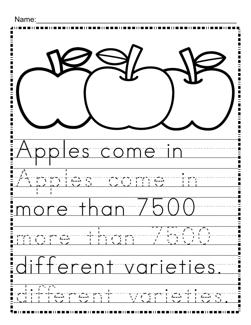 Apple fact tracing: students trace "Apples come in more than 7500 different varieties", practising letters and numerals