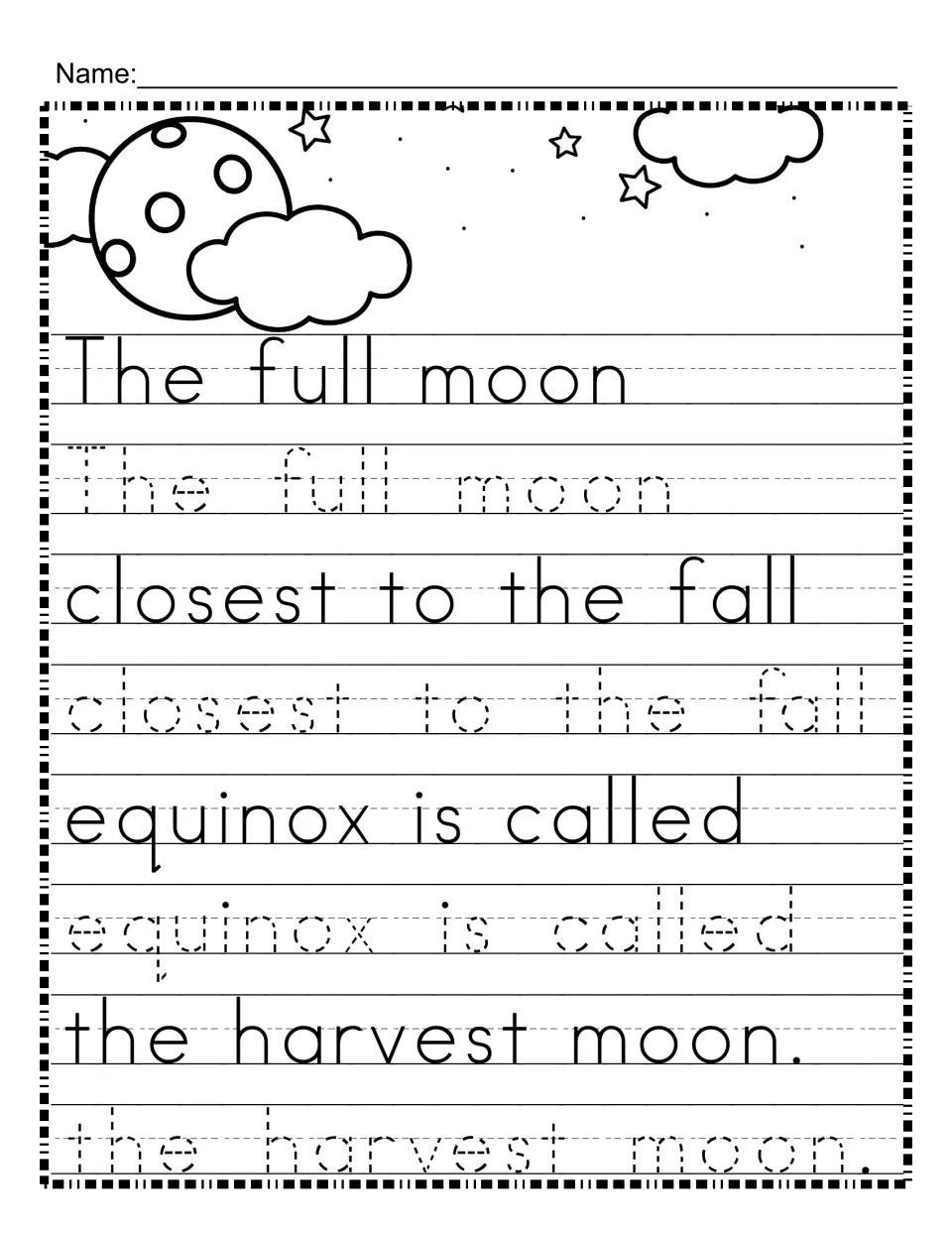 Harvest moon tracing: students trace "The full moon closest to the fall equinox is called the harvest moon" in print