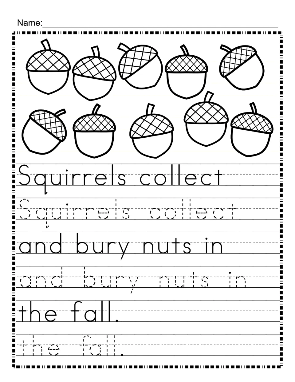 Squirrels and acorns tracing: students trace "Squirrels collect and bury nuts in the fall" below each model row