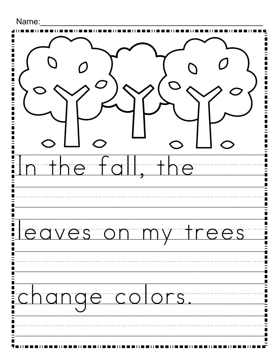 Fall trees copy work: students copy "In the fall, the leaves on my trees change colors" on their own without tracing