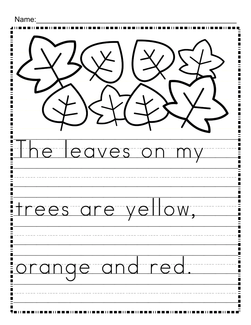 Leaf colors copy work: students write "The leaves on my trees are yellow, orange and red" by copying the model sentence