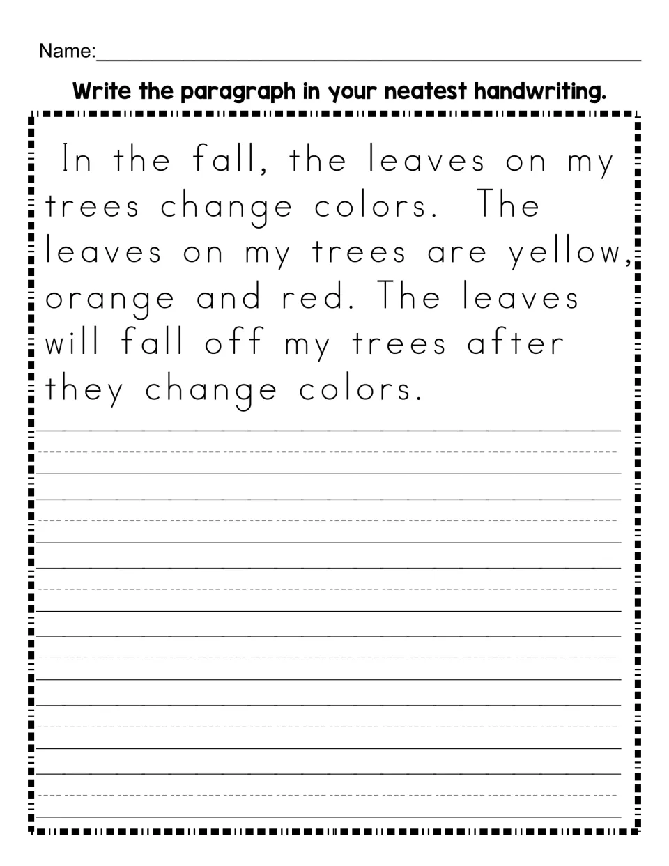 Paragraph copy: students write the three-sentence fall leaves paragraph in their neatest handwriting under the model