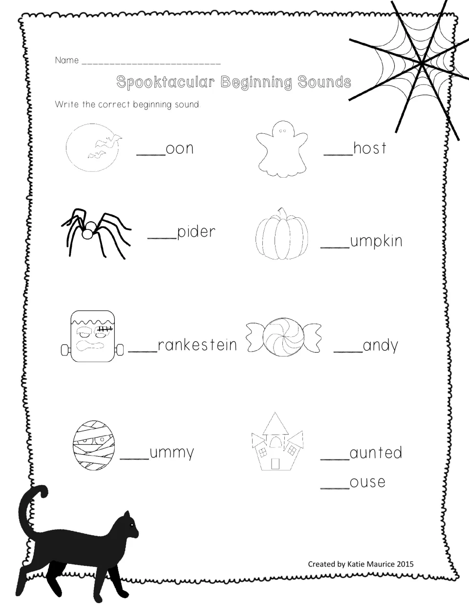 Halloween beginning-sound practice: fill in letters for moon, ghost, spider, pumpkin, and four more pictures