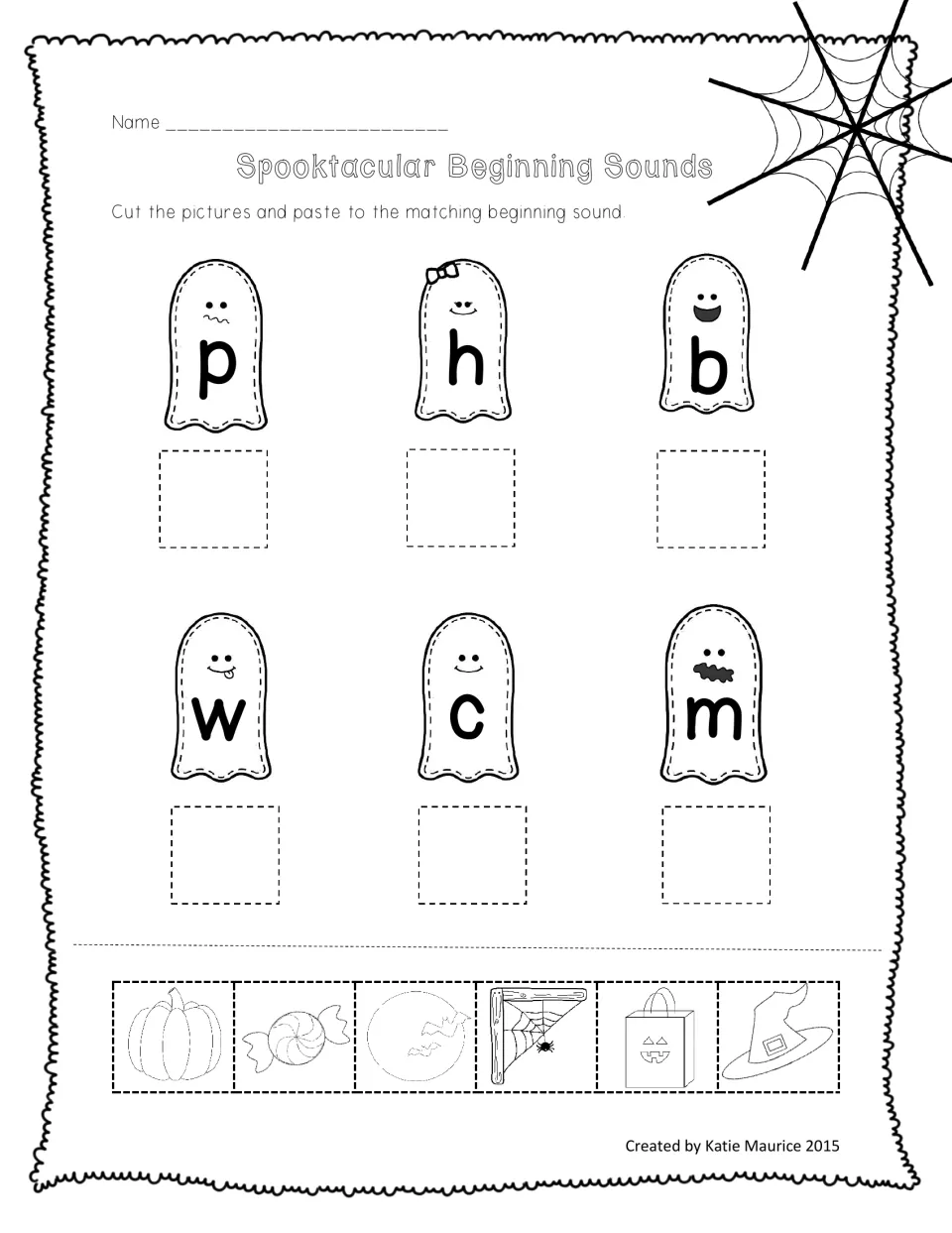 Halloween beginning-sound matching: cut and paste pumpkin, candy, moon, web, bag, and hat pictures to letters