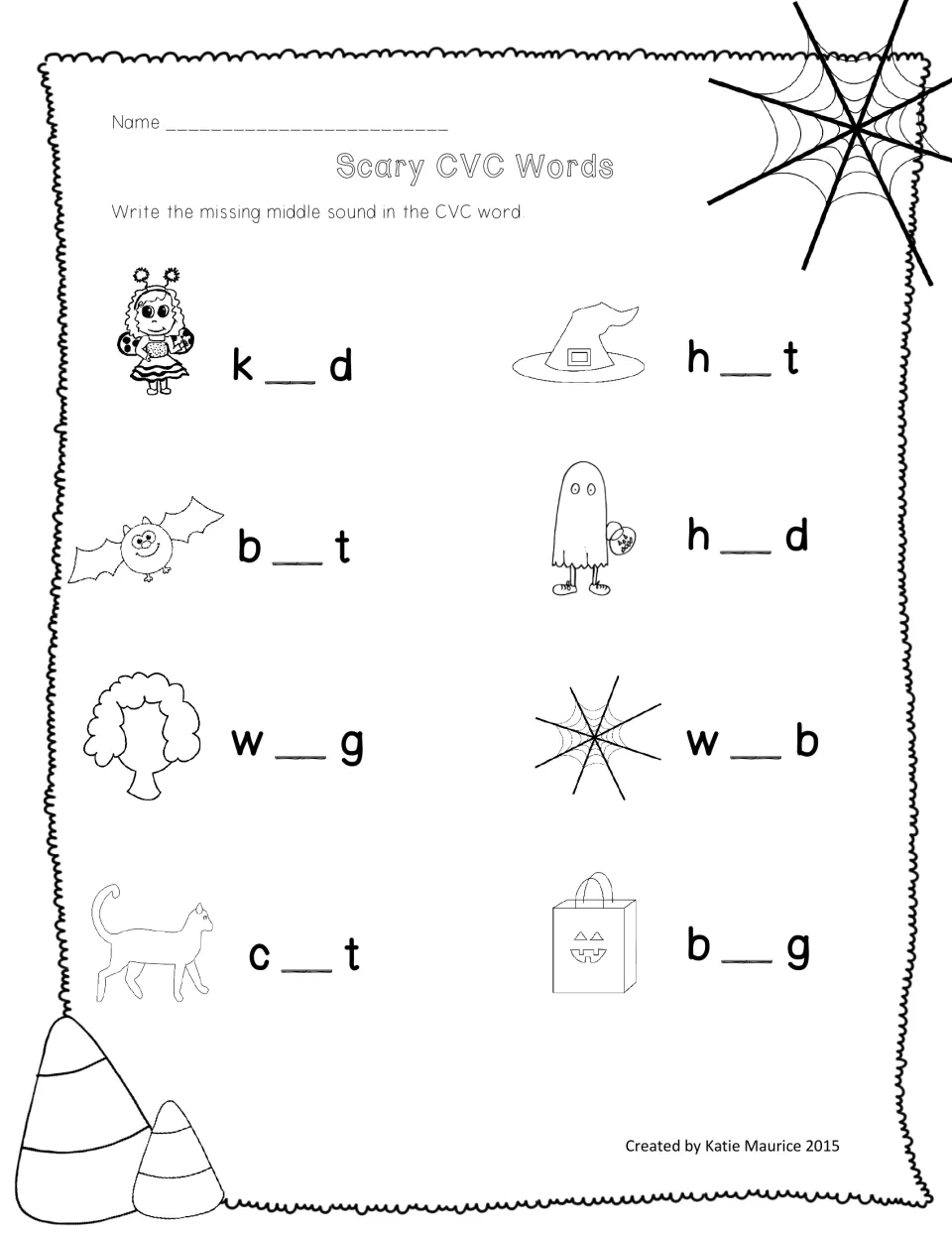 Halloween CVC practice asks for missing middle vowels in kid, hat, bat, hid, wig, web, cat, and bag