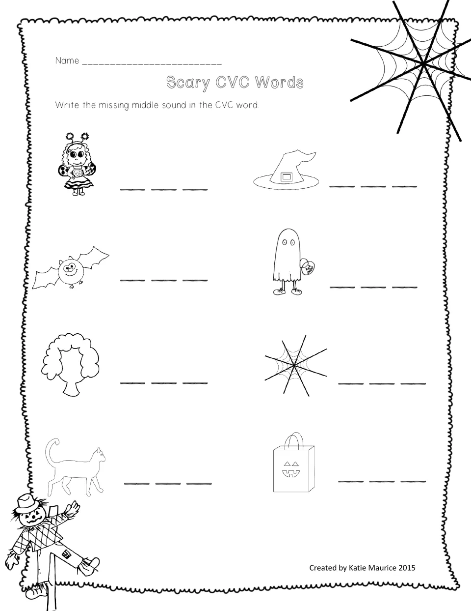 Halloween CVC spelling sheet repeats eight picture prompts, including hat, bat, wig, web, cat, and bag