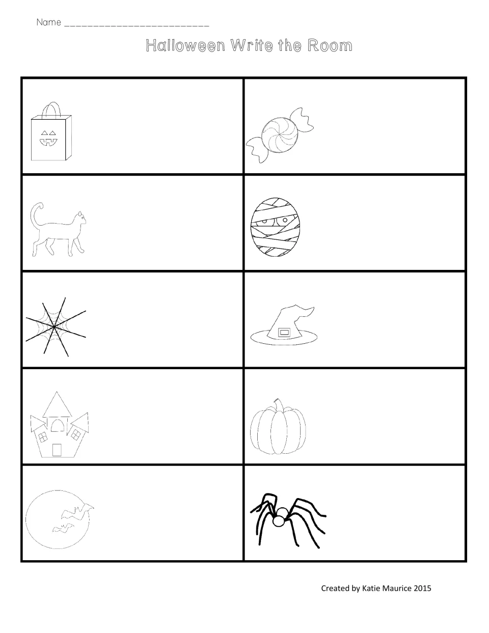 Halloween write-the-room recording sheet has 10 picture prompts, including bag, candy, cat, mummy, and web