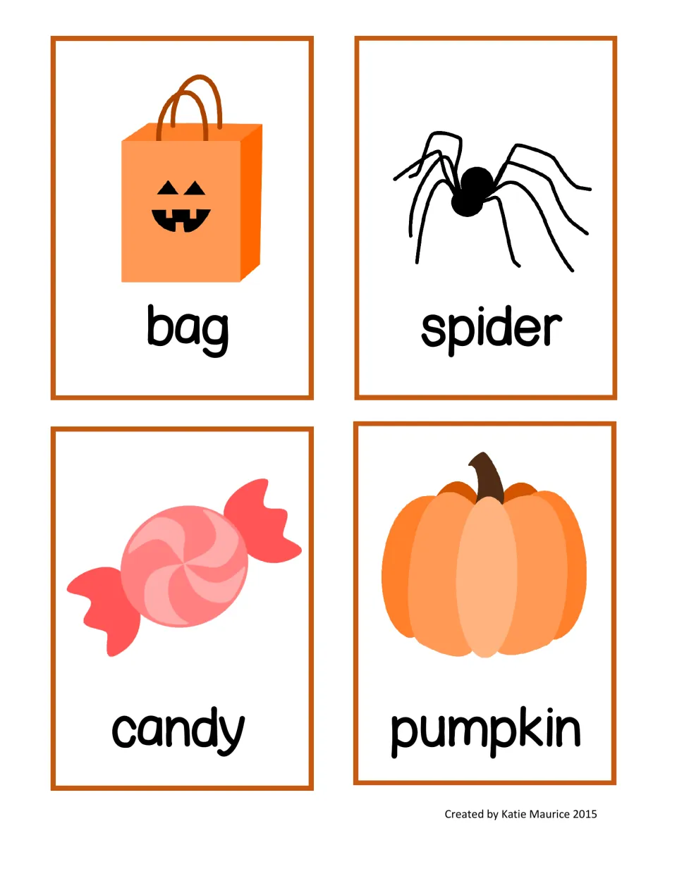 Halloween write-the-room picture-word cards 1–4 show the labeled words bag, spider, candy, and pumpkin