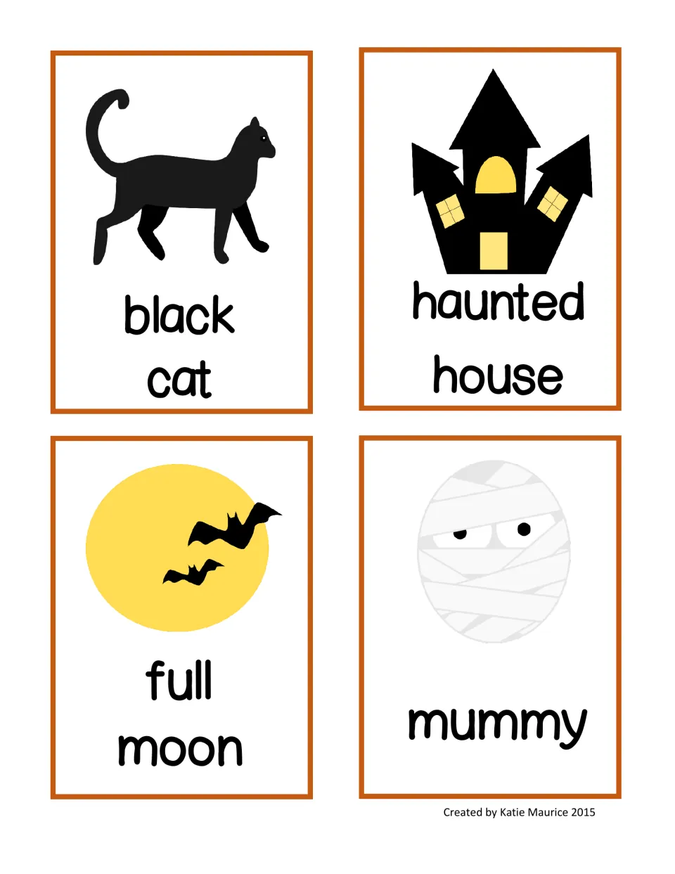 Halloween write-the-room picture-word cards 5–8 show black cat, haunted house, full moon, and mummy