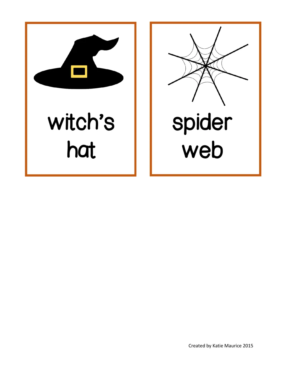 Halloween write-the-room picture-word cards 9–10 show a witch’s hat and spider web with matching labels