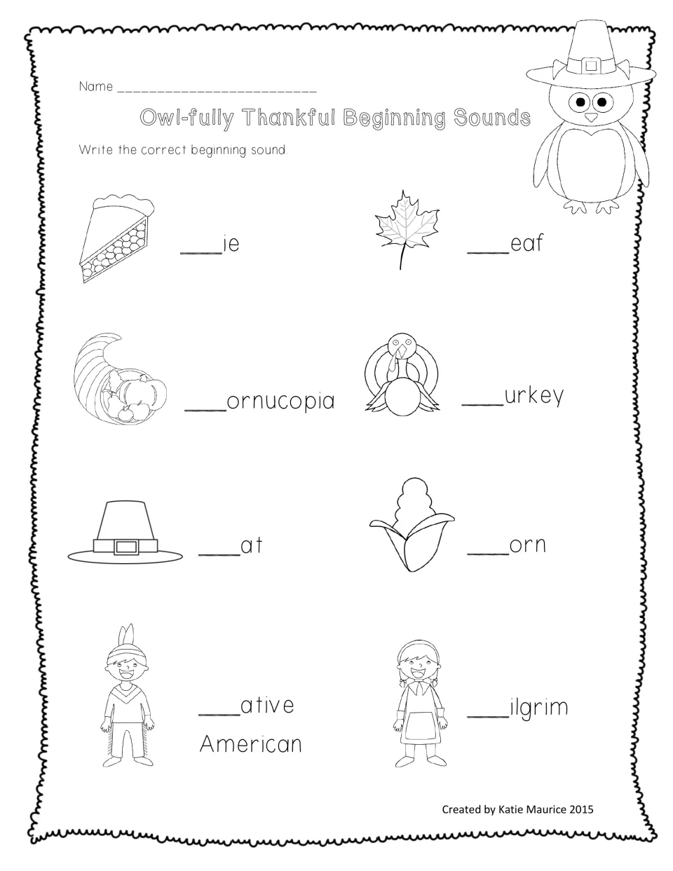 Thanksgiving beginning-sound practice: fill in letters for pie, leaf, cornucopia, turkey, and four more