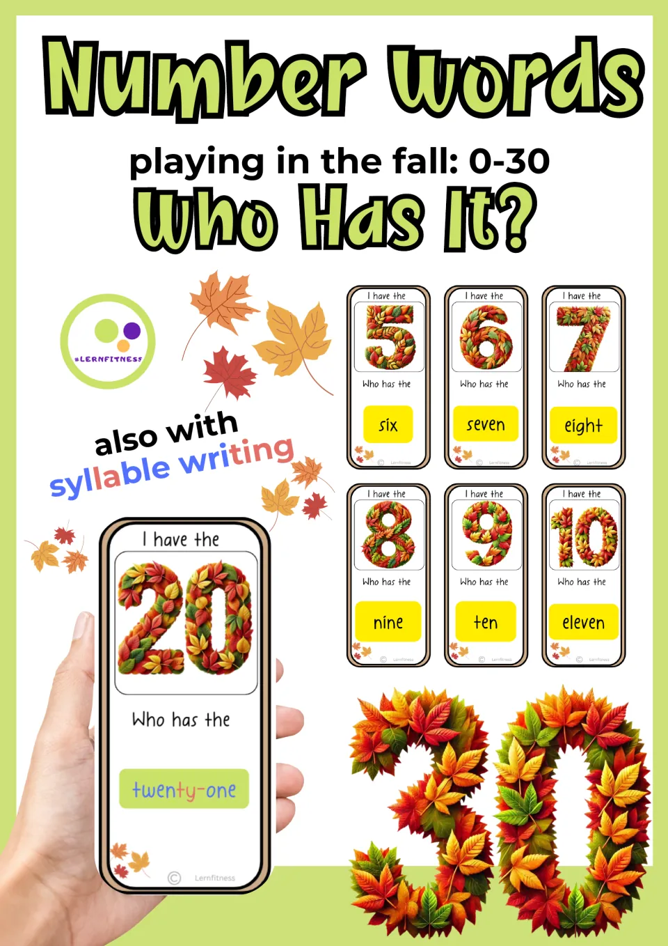 Cover of the fall number-word game for 0–30, showing sample cards and an option with syllable-colored words
