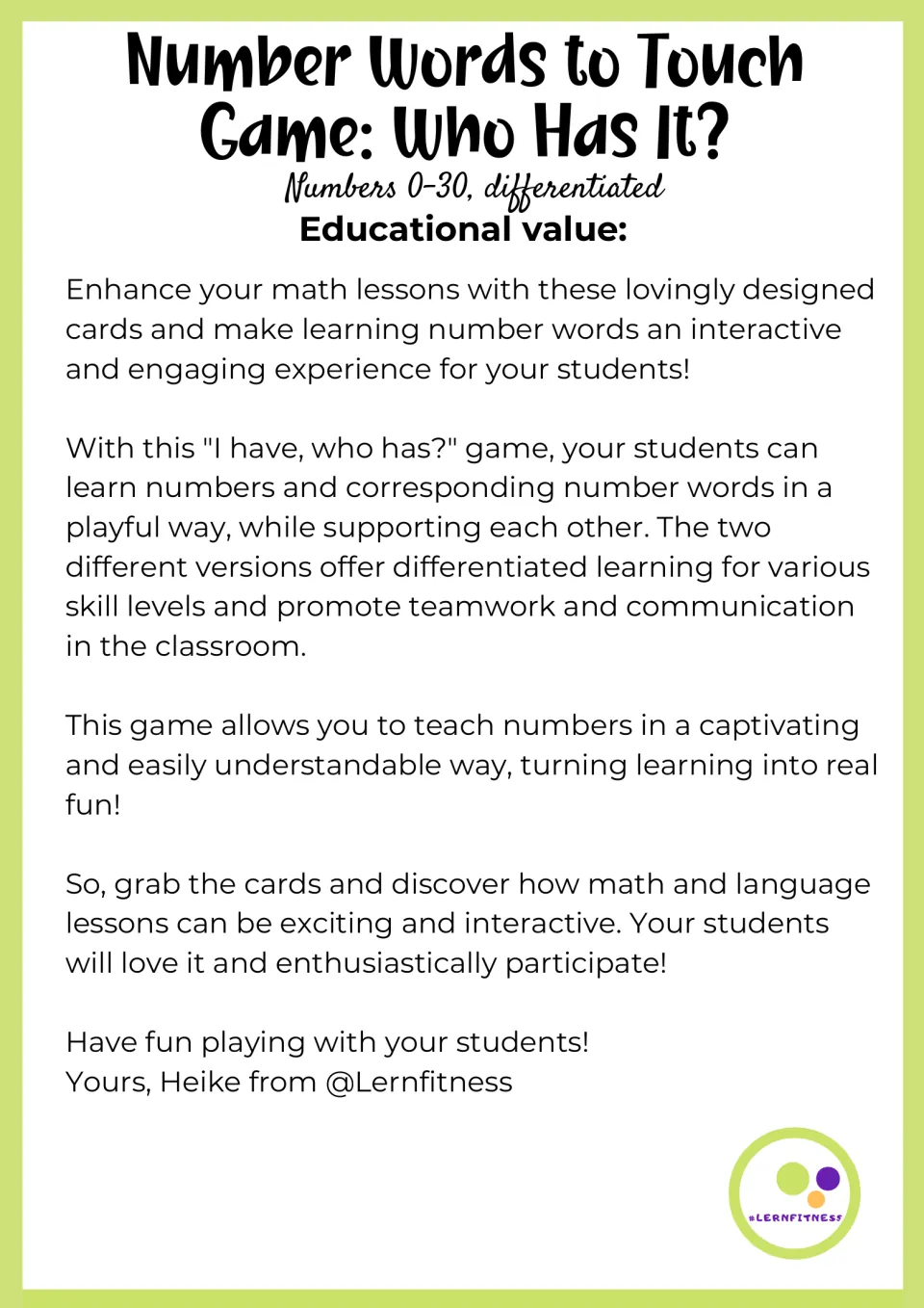 Teacher overview explains number-word practice, two differentiated versions, teamwork, and communication