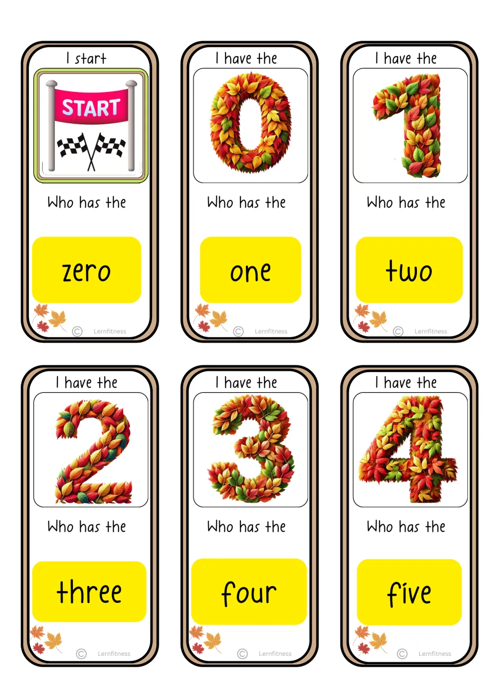 First standard-text game sheet: start card and number cards 0–4, asking for number words zero through five