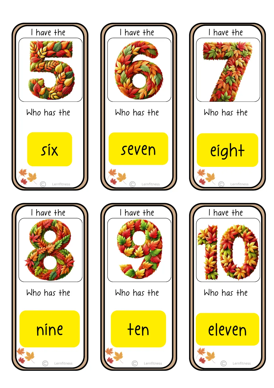 Second standard-text game sheet: number cards 5–10, asking for number words six, seven, eight, and three more