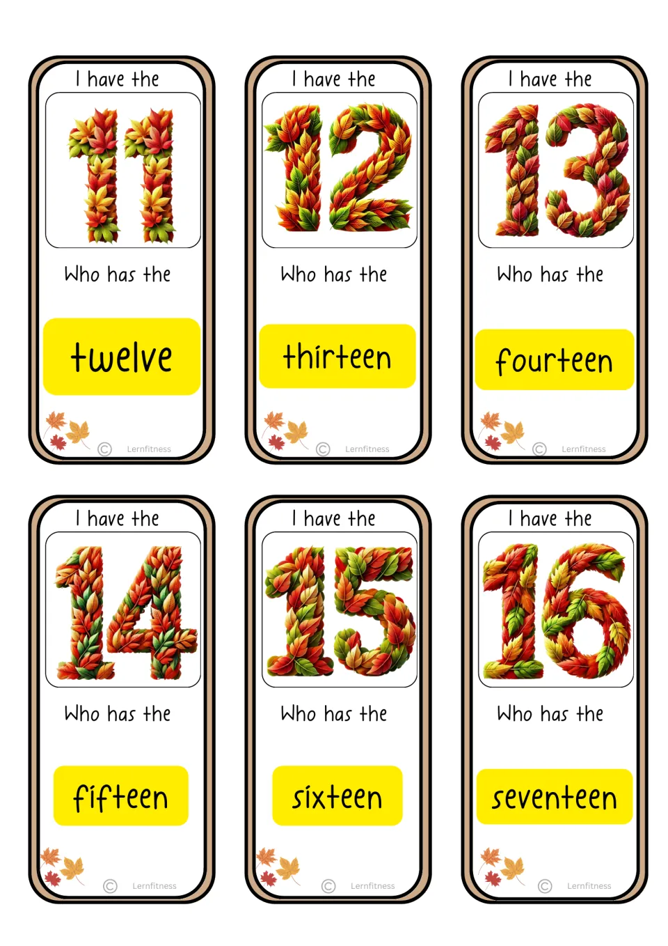 Third standard-text game sheet: number cards 11–16, asking for number words twelve through seventeen