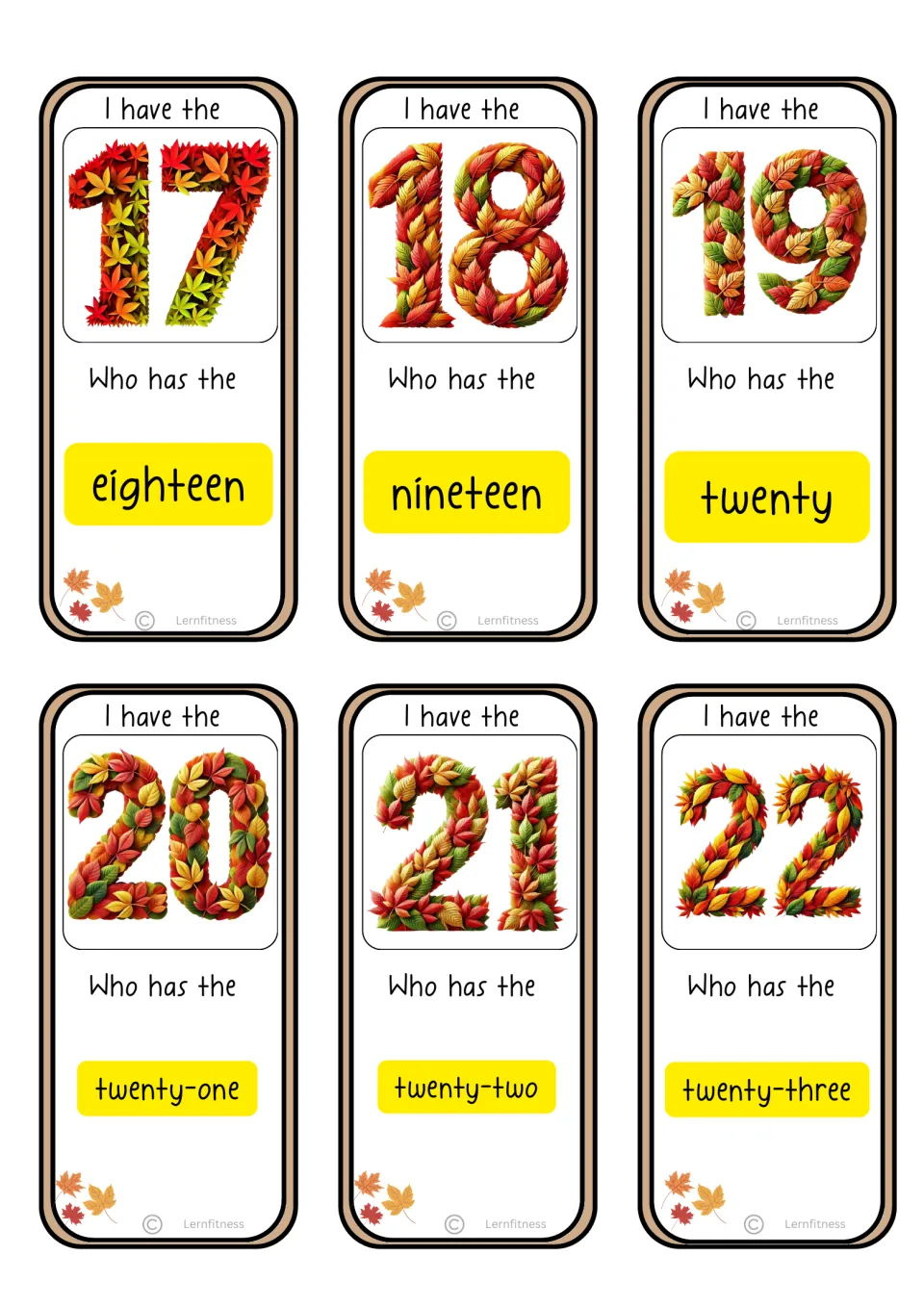 Fourth standard-text game sheet: number cards 17–22, asking for number words eighteen through twenty-three