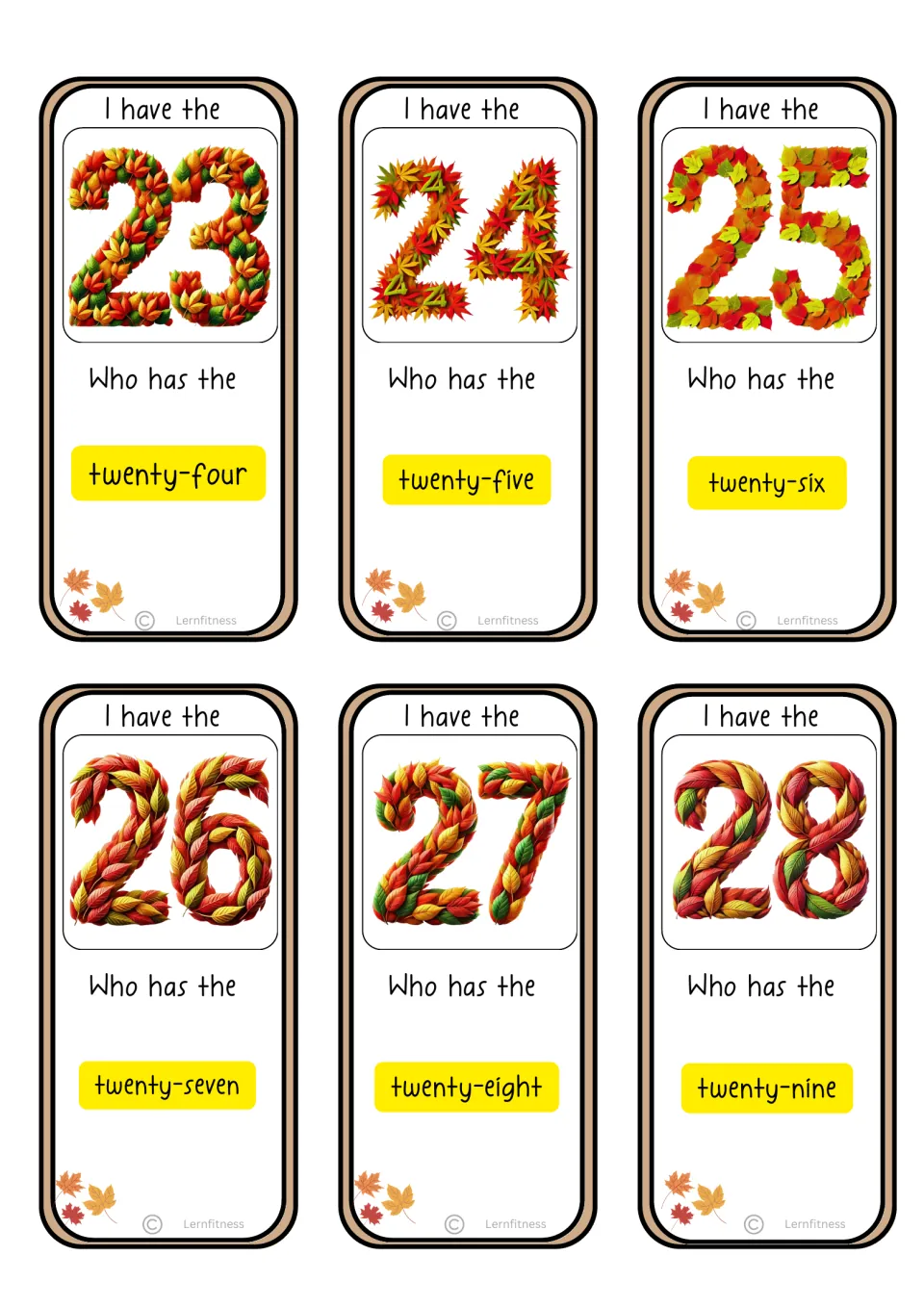 Fifth standard-text game sheet: number cards 23–28, asking for number words twenty-four through twenty-nine