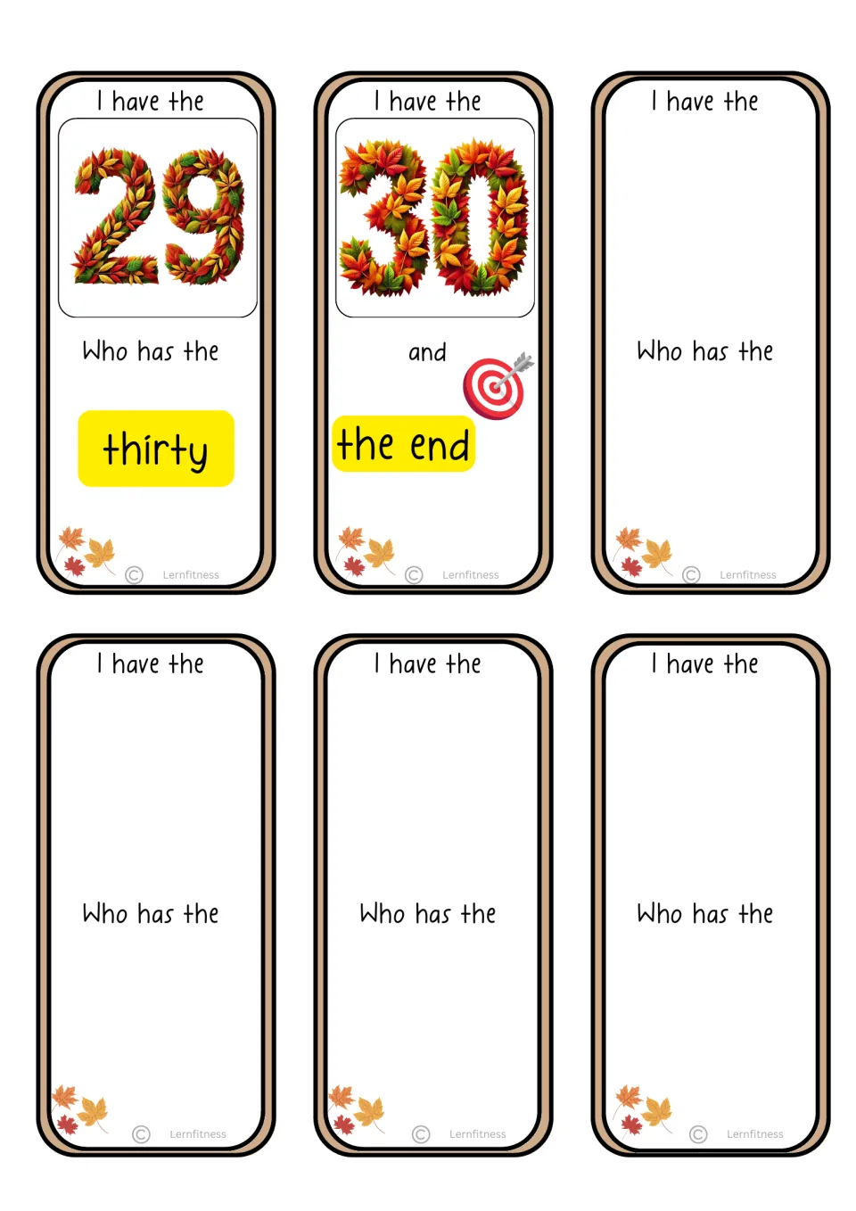 Final standard-text game sheet: card 29 asks for thirty, card 30 ends the game, and four cards are blank