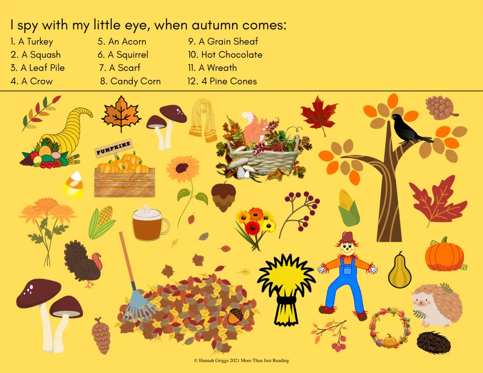 When autumn comes I spy: students circle 12 items in a fall scene, from a turkey and crow to 4 pine cones