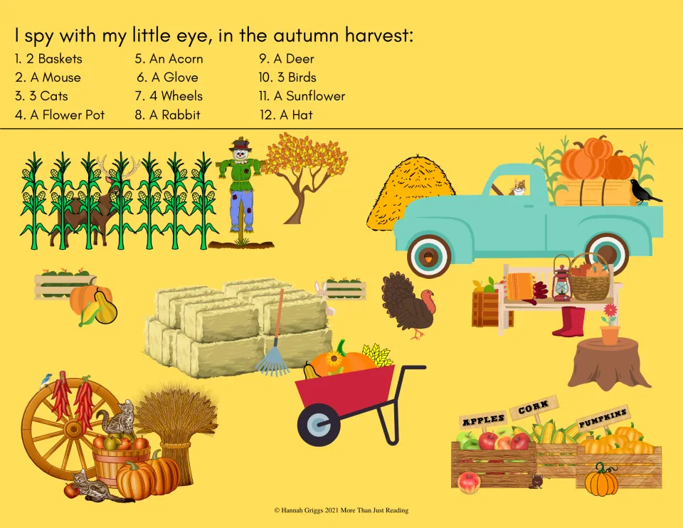 Autumn harvest I spy: students circle 12 farm items such as 2 baskets, 3 cats, 4 wheels, a deer and a sunflower