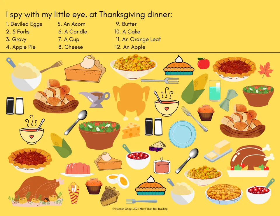 Thanksgiving dinner I spy: students find deviled eggs, 5 forks, gravy, apple pie, cheese, butter and more