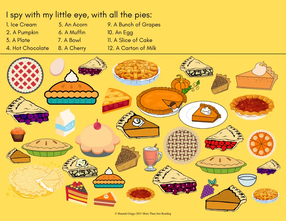 All the pies I spy: students spot ice cream, a muffin, a cherry, grapes, an egg and a carton of milk among the pies