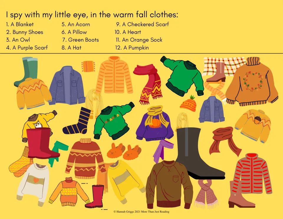 Warm fall clothes I spy: students find bunny shoes, an owl, green boots, a checkered scarf and an orange sock